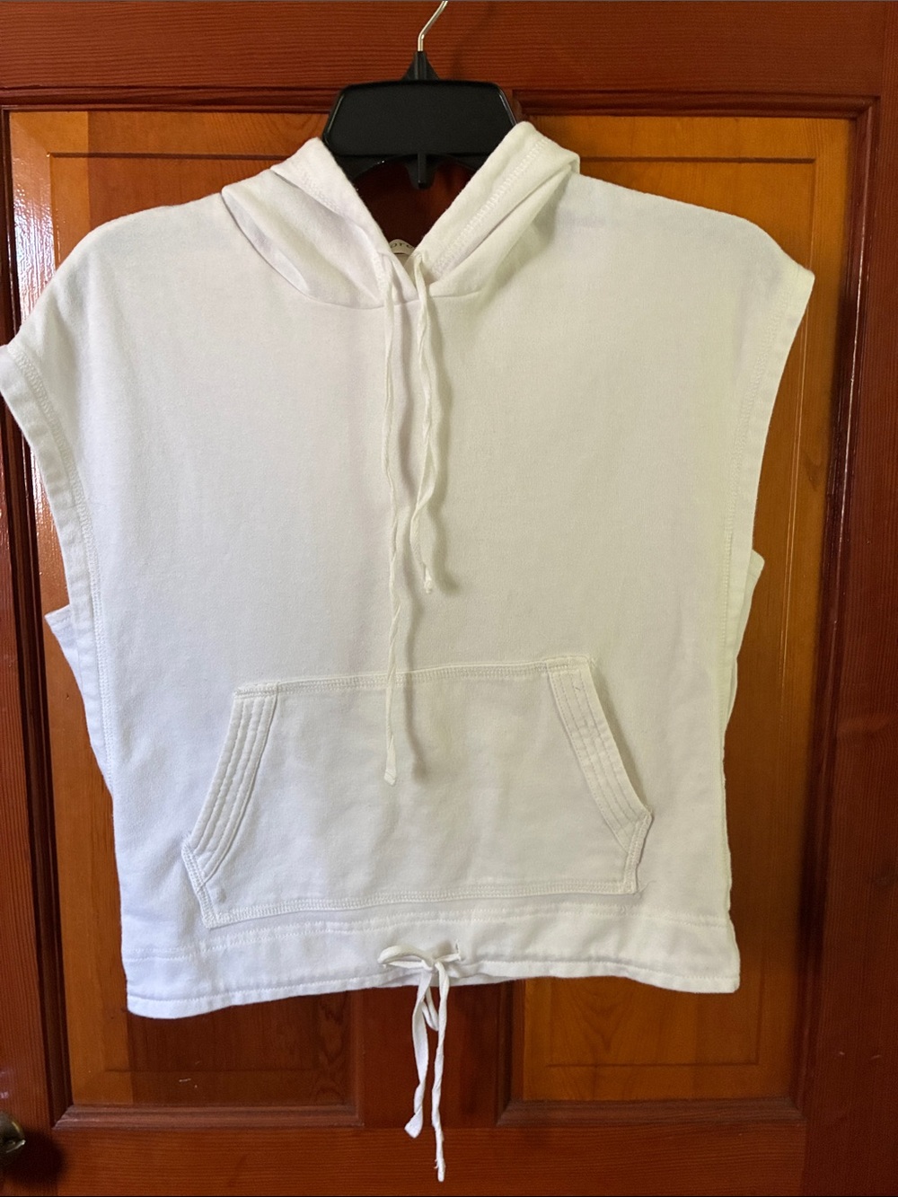 Sleeveless White Hooded Pullover with Kangaroo Pocket